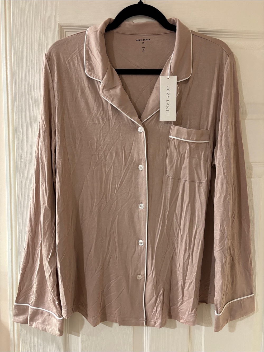 Cozy Earth Women's Blush Long-Sleeve Pajama Shirt with White Piping